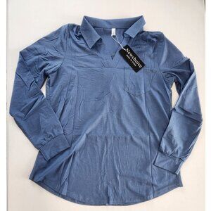 Newchoice Blue Collared Long Sleeve V Neck Pocket Casual Shirt Top Medium